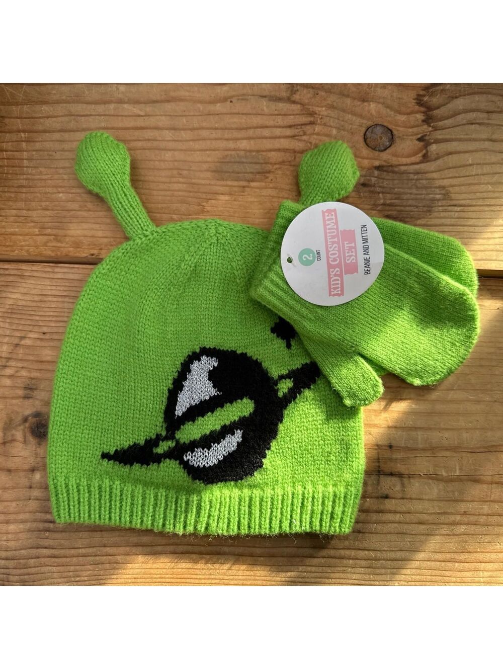 Kid’s Alien Costume Beanie & Mitten Set NWT Planet Green Sci-Fi Knit